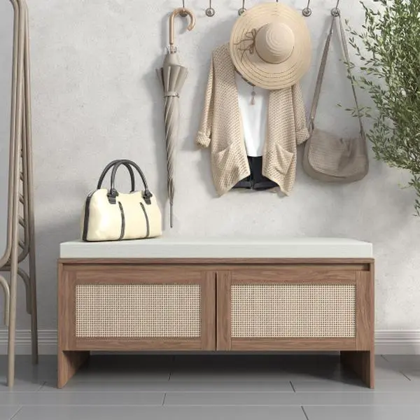 Rattan Storage Bench with Cushion, Faux Rattan Shoe Cabinet with 2 Doors, Mid-Century Modern Wood Entryway Seat, for Bedroom, Hallway, Mudroom, Natural Finish