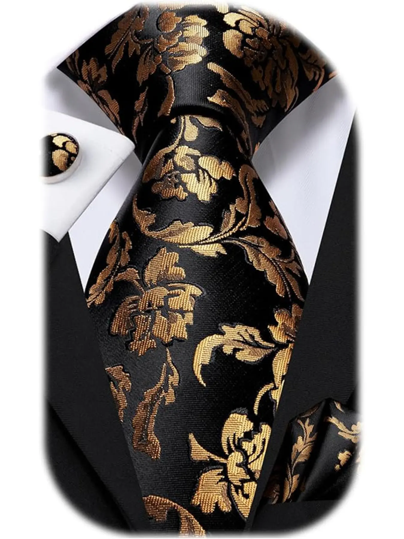 Men's Tie Set with Floral Pattern, Elegant Regular Width Tie, Includes Cufflinks and Square Pocket, All Seasons Wear, Yz-2024-7 Batch, Neck Tie