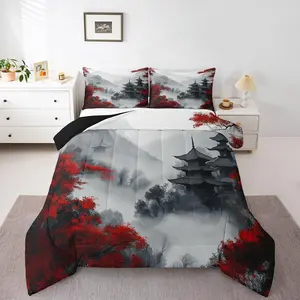 Kids Japanese Style Comforter Set ,Anime Bedding Set Boys Girls 100% Cotton Sakura Print Duvet Insert Bedroom Decor Microfiber Bed Set