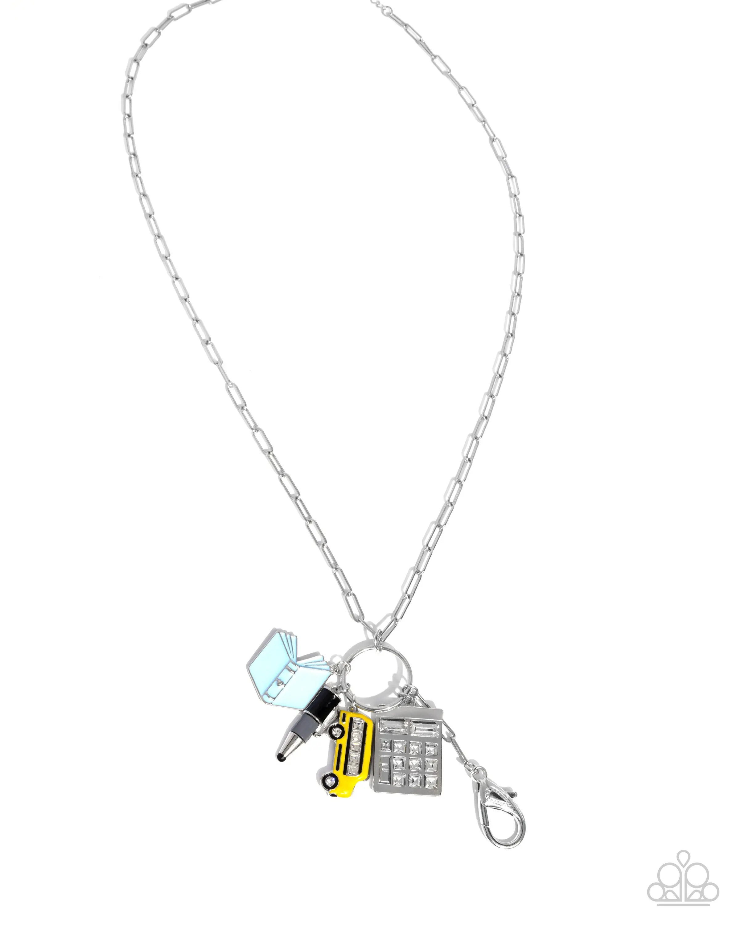 Back to School - Multi Teacher Calculator Bus Book Charm Silver Lanyard Necklace - Paparazzi