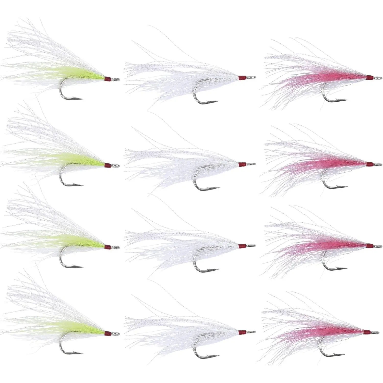 Fishing Lure Set, 12-Pack Bucktail Teasers - Saltwater Fishing Lures with Mylar Flash, 5/0 Hook for Striped Bass, Fluke, Flounder