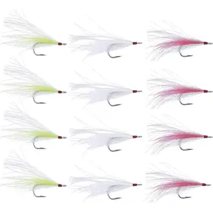 Bucktail Teasers 12-Pack – Saltwater Fishing Lures with Mylar Flash, 5/0 Hook, for Striped Bass, Fluke, Flounder & Sea Bass