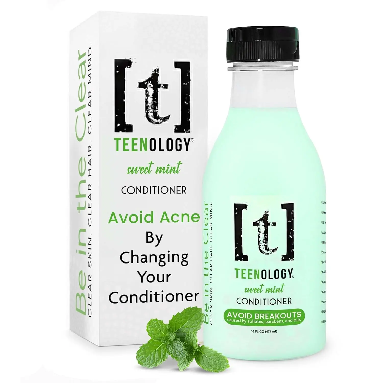 TEENOLOGY Teen Safe Conditioner to Avoid Acne - Dermatologist Recommended - No Sulfates, Parabens, or Pore-clogging Oils, Noncomedogenic, Moisturizing Haircare for Teens with Forehead or Body Acne, Hydrating Blend, Sweet Mint Aroma