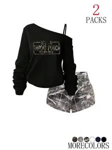 Women's Gothic Cool Shoulder Long Sleeve T-Shirt & Camo High Waist Shorts Set, Outfit, Casual Loose-Fitting, Spring & Fall Fashion