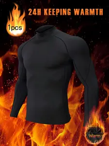 Men's Long Sleeve Thermal Athletic Compression Shirt Autumn Winter Solid Color Stand Collar High Elasticity Casual Sports Activewear Slim Fit Button Down Shirts for Outdoor Running Training