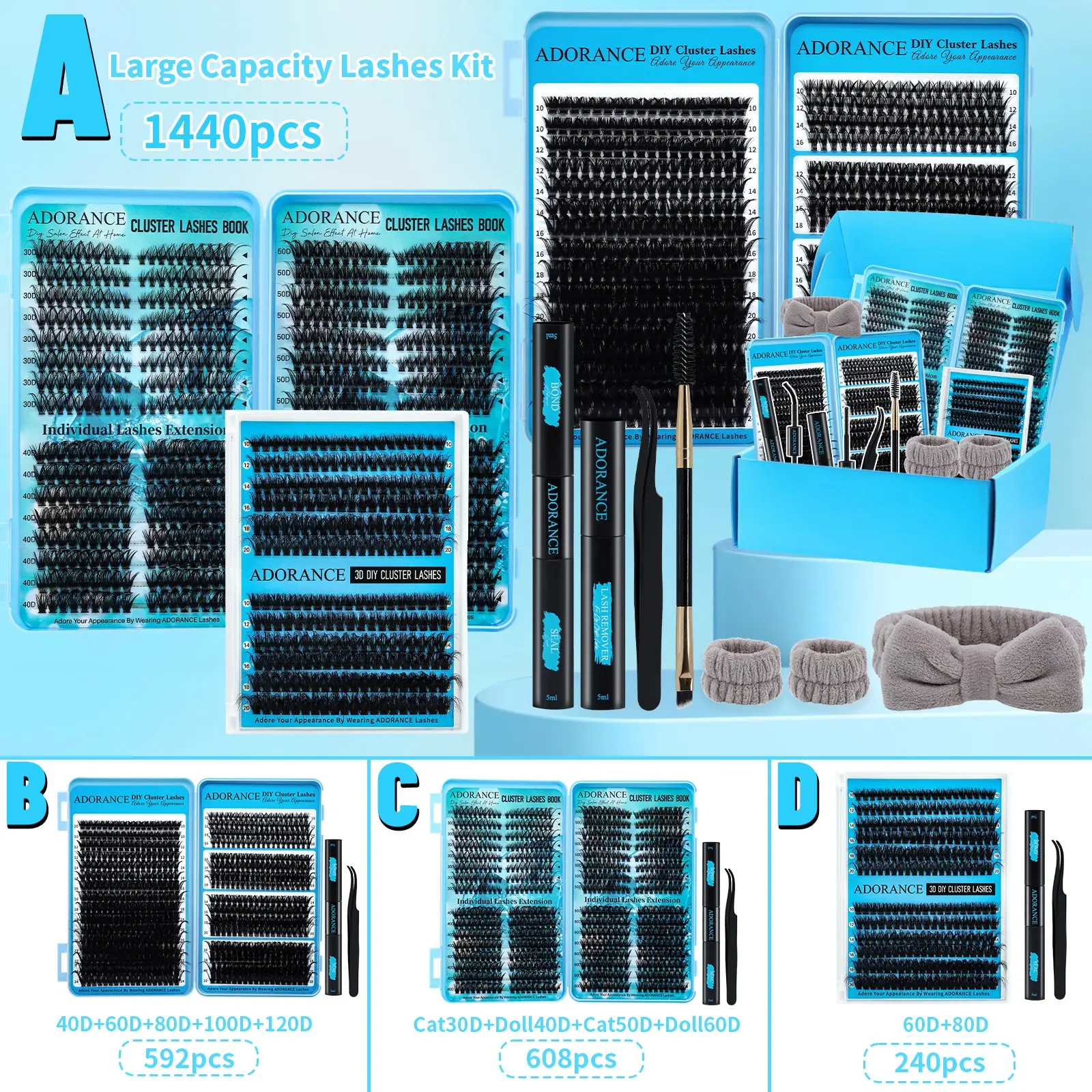 ADORANCE 1440pcs DIY Eyelash Extension Set, Eyelashes Extensions Kit, DIY Lash Tools, Individual Lash Clusters D Curl Set With Lash Bond & Seal, Remover, Tweezers, Brush, Suitable For Daily Or Festive Use, Easy DIY At Home