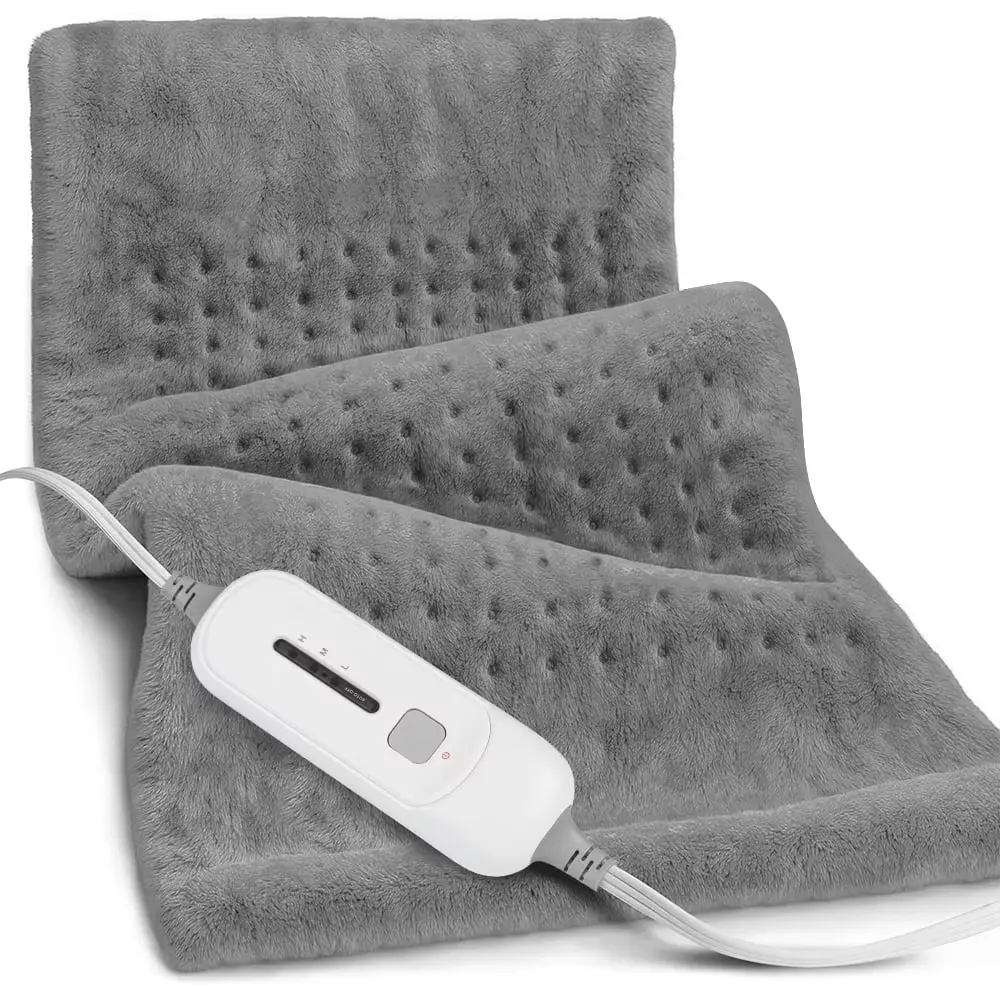 Coral Fleece Weighted Heating Pad (12x24in) for Back, Shoulders, Cramps & Pain Relief, Fast-Heating, Machine-Washable, 3 Heat Settings, Auto Shut Off, Gray