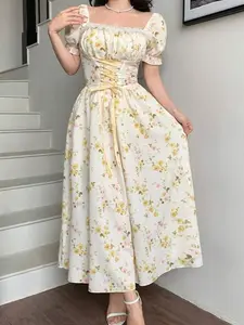 Floral Lace Collar Puff Sleeve Dress - Elegant Birthday Vacation Party Dress Chic