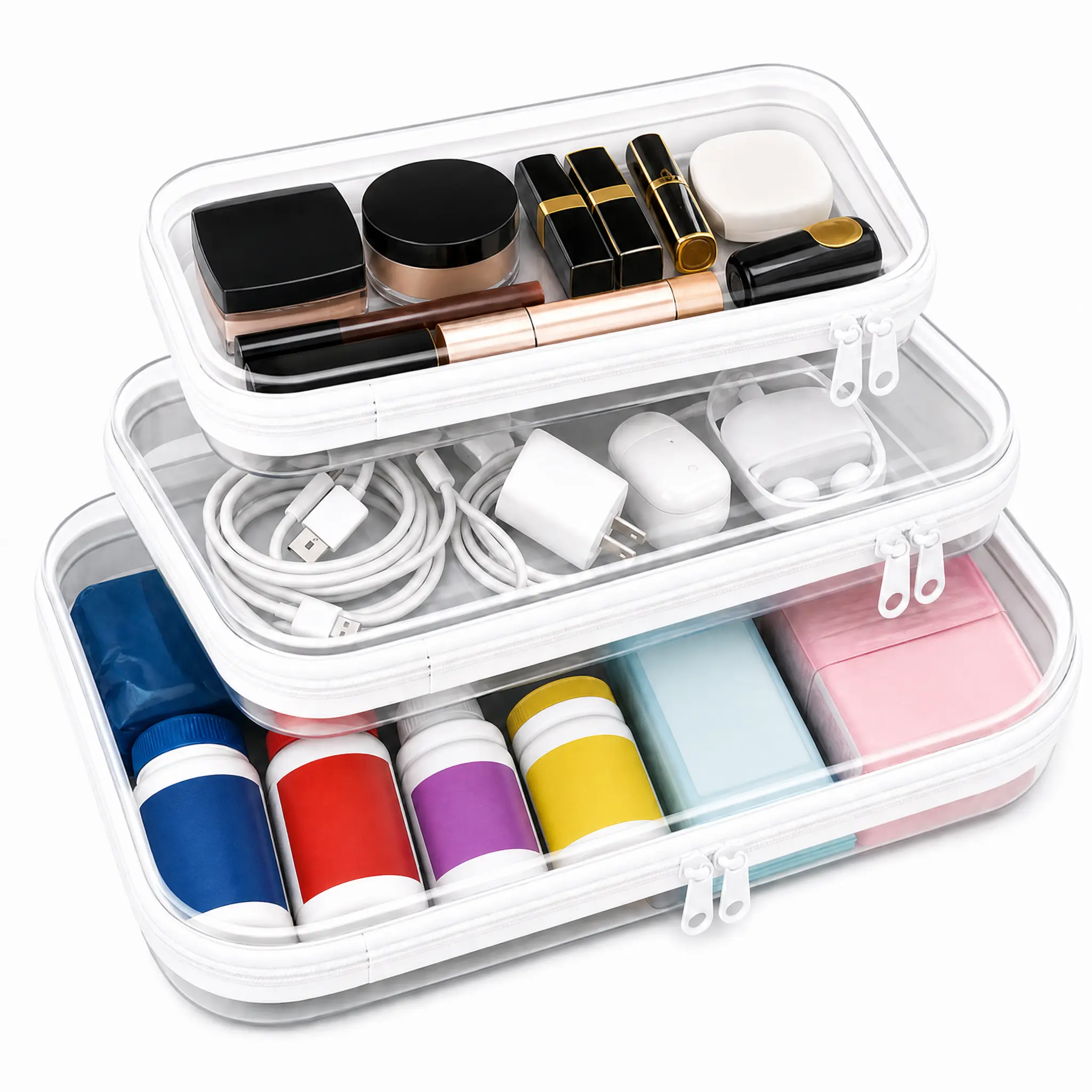 Clear Zipper Storage Organizer Bag 3 Sizes, Portable Transparent PVC Storage Case for Kids Toys, Electronics Cables, Travel Accessories