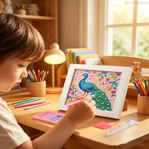 PopWilds Peacock Diamond Painting Kit for Young Artists - Vibrant Recreational Art Activity with Colorful Pearls, Easy-to-Use Tools - Fostering Creativity, Supporting Skill Development