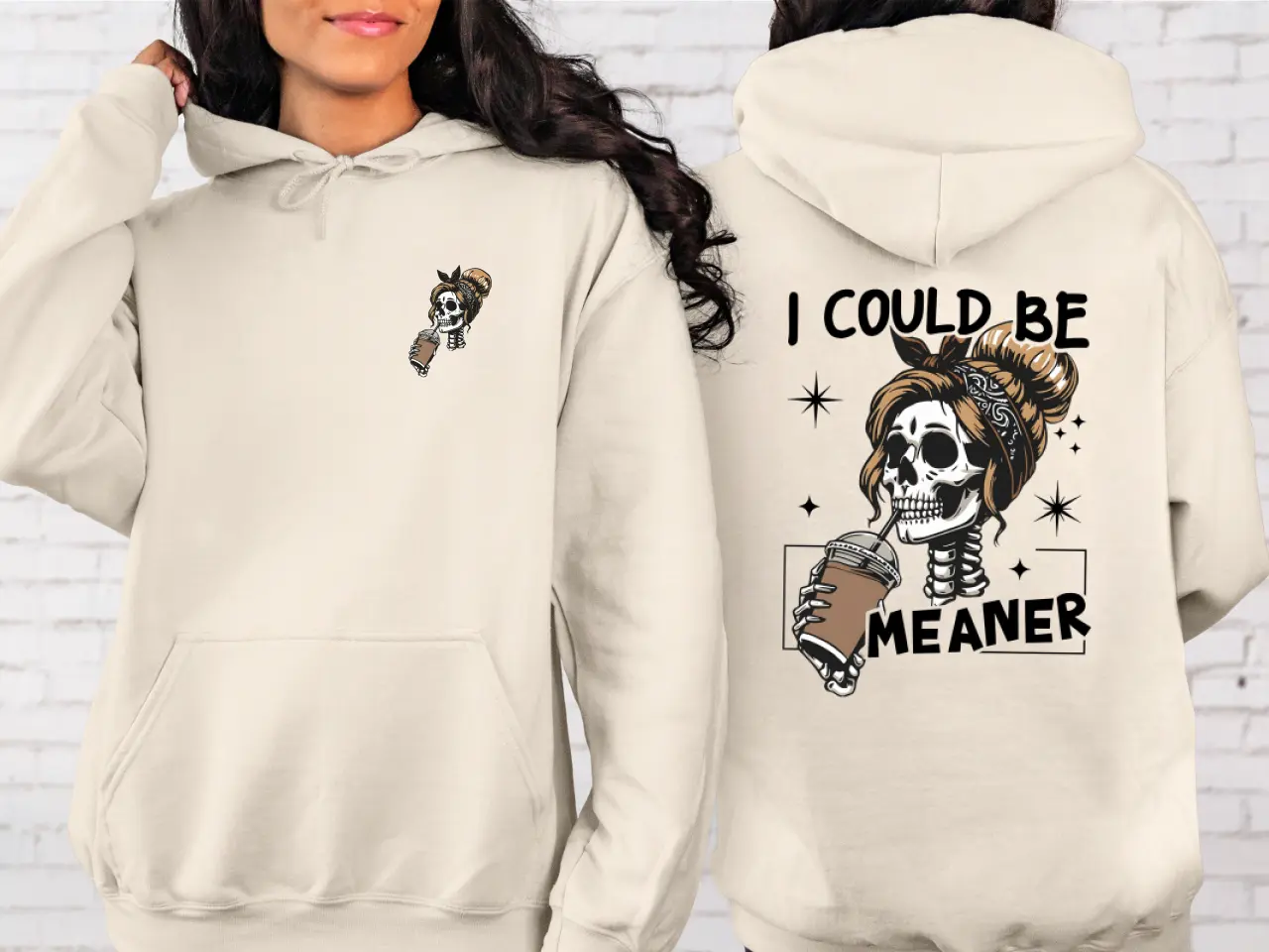 Men's Casual Cotton Long Sleeve Hoodie - "I Could Be Meaner" Funny Skeleton Coffee Lover Pullover, Sassy Vintage Skull Bun Sweatshirt Tops