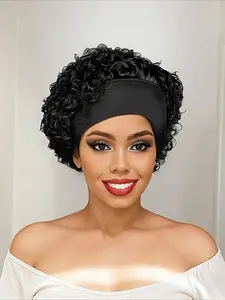 Headband Wig Short Curly Wave Pixie Cut Water Wave Remy Human Hair For Women Full Machine Made Wig 150% Density 6 Inch Curly Hair Wigs