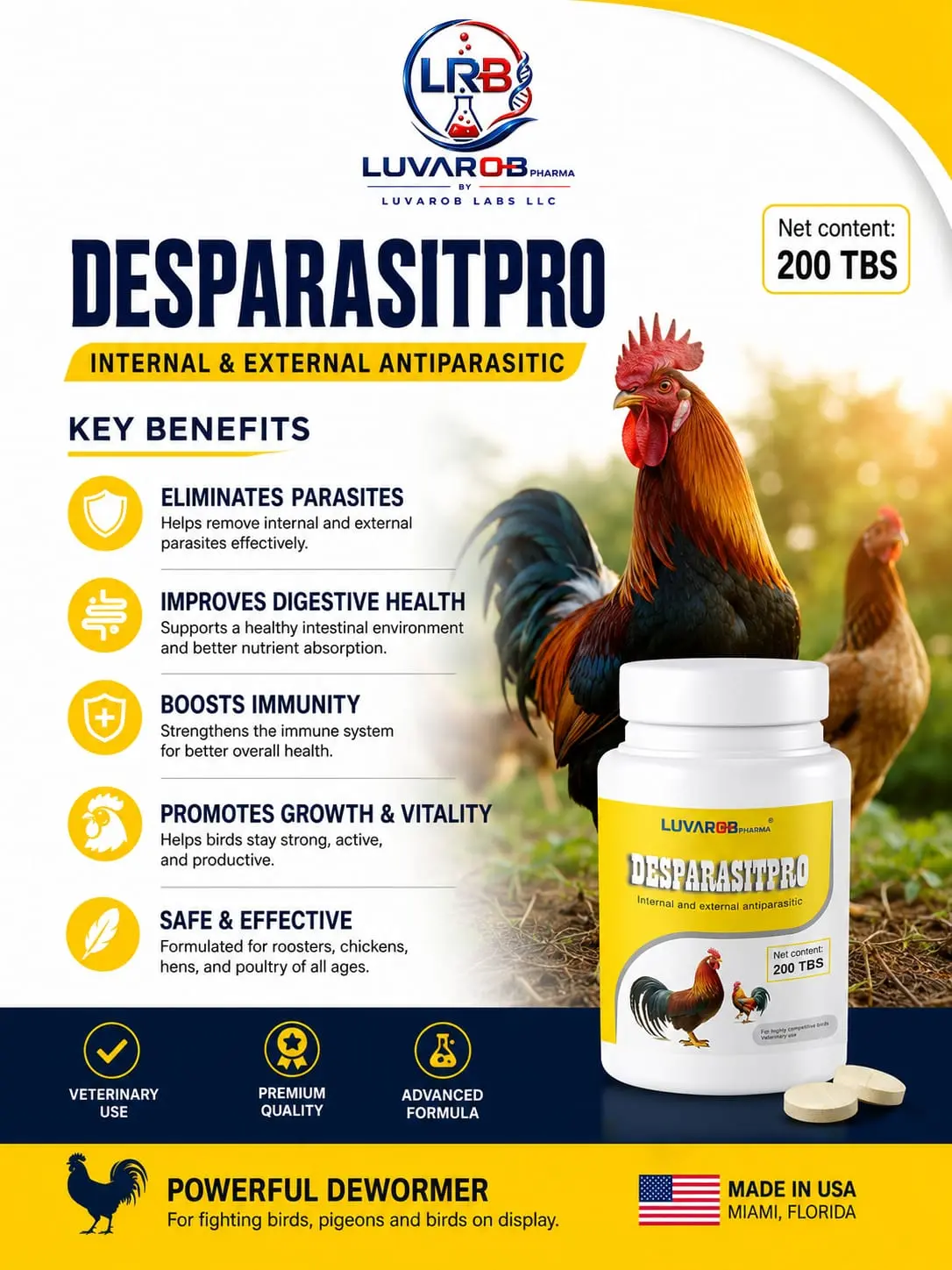 LUVAROBpharma Desparatsipro for Poultry - Digestive health - Nutritional Supplements 200 Tablets