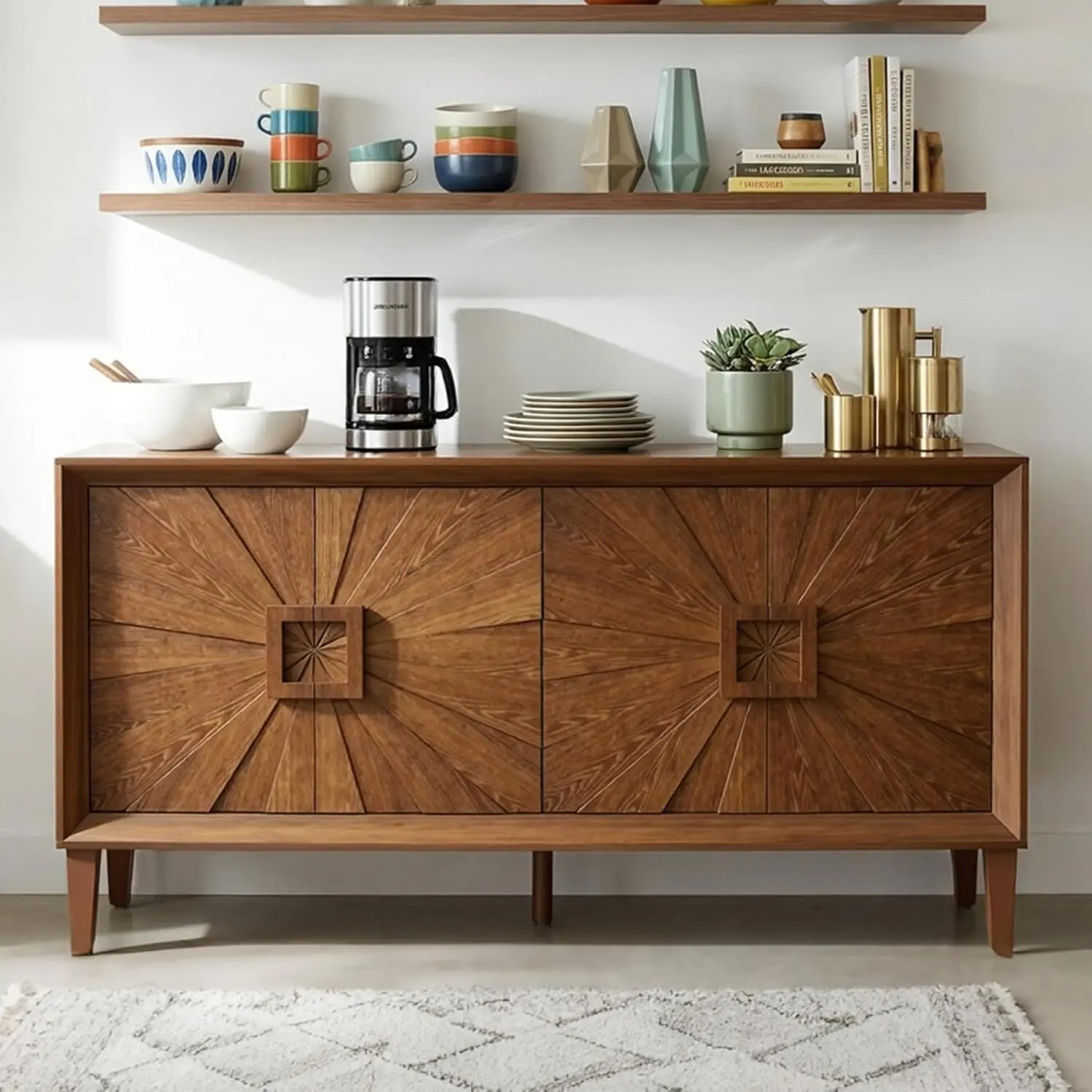 60x32x15.8" Mid-Century Modern Rectangular Sideboard Buffet - Antique Brown Credenza Storage Cabinet with 4 Sunburst Doors, Raised Wood Legs, Requires Single Unit Assembly for Living Room, Kitchen, Radial Mosaic