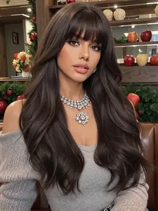 26 Inch Synthetic Wig, Long Wave Hair with Bangs, Chocolate, Natural Look Daily Wig, Perfect for Christmas, Body Wave Wig, Natural Looking Wigs, Synthetic Wavy Wig