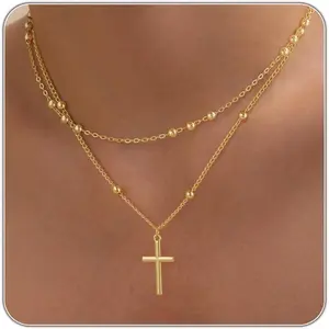 Cross Necklace for Women - Dainty 14K Real Silver Gold Plated Layered Pendant Necklace Stack Simple Trendy Cute Charm Choker Necklaces Jewelry Gift for Teen Her-USA