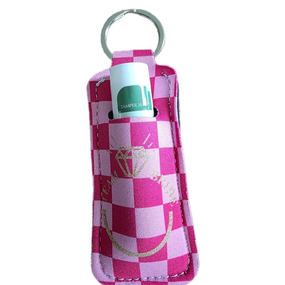 Team Bride Keychain Chapstick Holder - Pink Checkered Design- Chapstick Sold Separately
