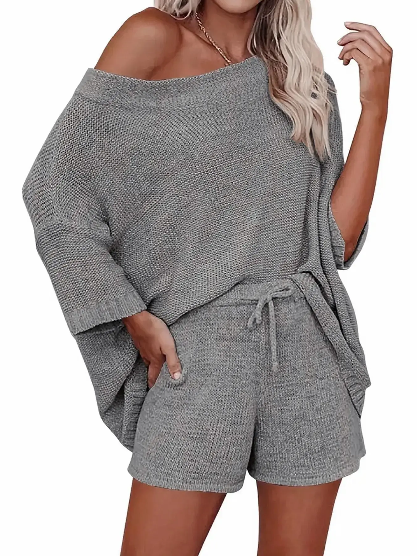 Two-Piece Set Women's Solid Long Sleeve Sweater & Drawstring Shorts Sweater Co-ord Set, Casual Scoop Neck Batwing Sleeve Top & High Waist Shorts For Spring & Fall, Women's Knitwear Clothes for Daily Streetwear