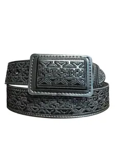 Men’s Black Western Style Embroidered Leather Belt Cinto Vaquero Bordado de Piel Negro Cinto Charro