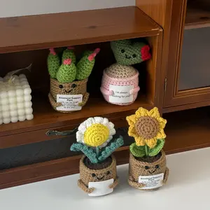 Handmade Crochet Cactus & Sunflower Potted Plants 4-Pack Positive Life Emotional Support Succulent Doll Ornaments Cuddly Stuffed Animal
