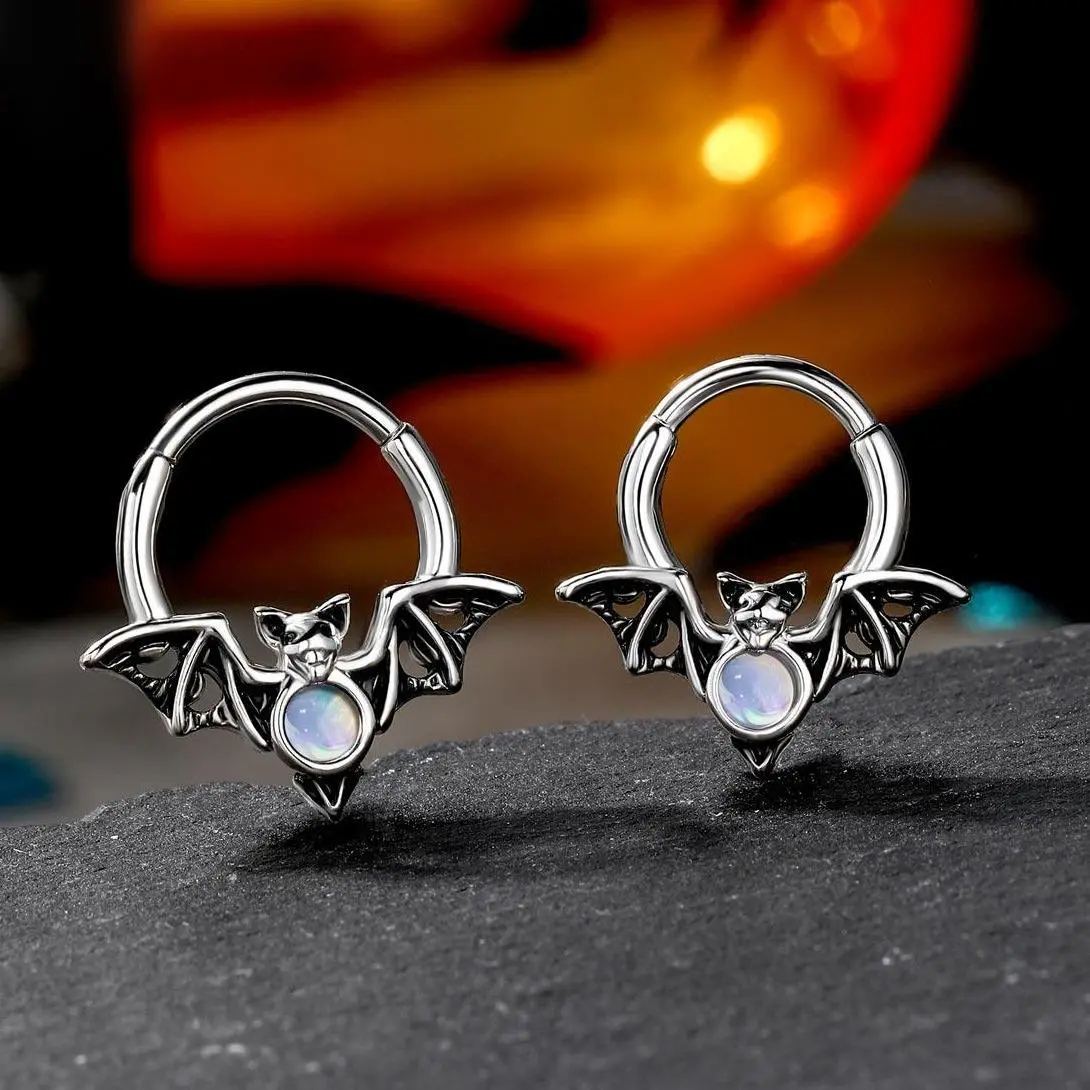 OUFER BODY JEWELRY 16G Septum Ring, Halloween Bat Wing Hoop in Durable 316L Stainless Steel with Moon Cutout & Faux Opal, Hypoallergenic Piercing for Men & Women