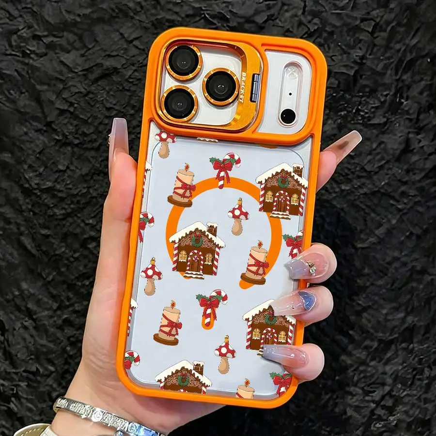 Shockproof iPhone Phone Case with Orange Lens Bracket, Full HD Gingerbread House-Candle-Mushroom-Candy Cane Print, Fashion Versatile Shell Protector Casing for iPhone 17 Pro Max,16,16 Plus,15,14,13,12 - Ideal Holiday Electronics Accessories Gift