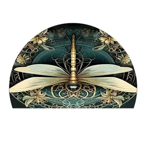 Retro Dragonfly  Sunflower Pattern Semicircular Floor Mat Foyer Entryway Dust Removal Mat Indoor Outdoor Mud Scraper Washable Non Slip Durable Entrance Mat