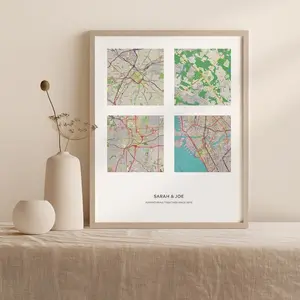 Personalized Map Print 4 Locations | Squares Map Canvas | Custom Map Poster | Personalized Gift | Long Distance Gift | Custom Cities Map