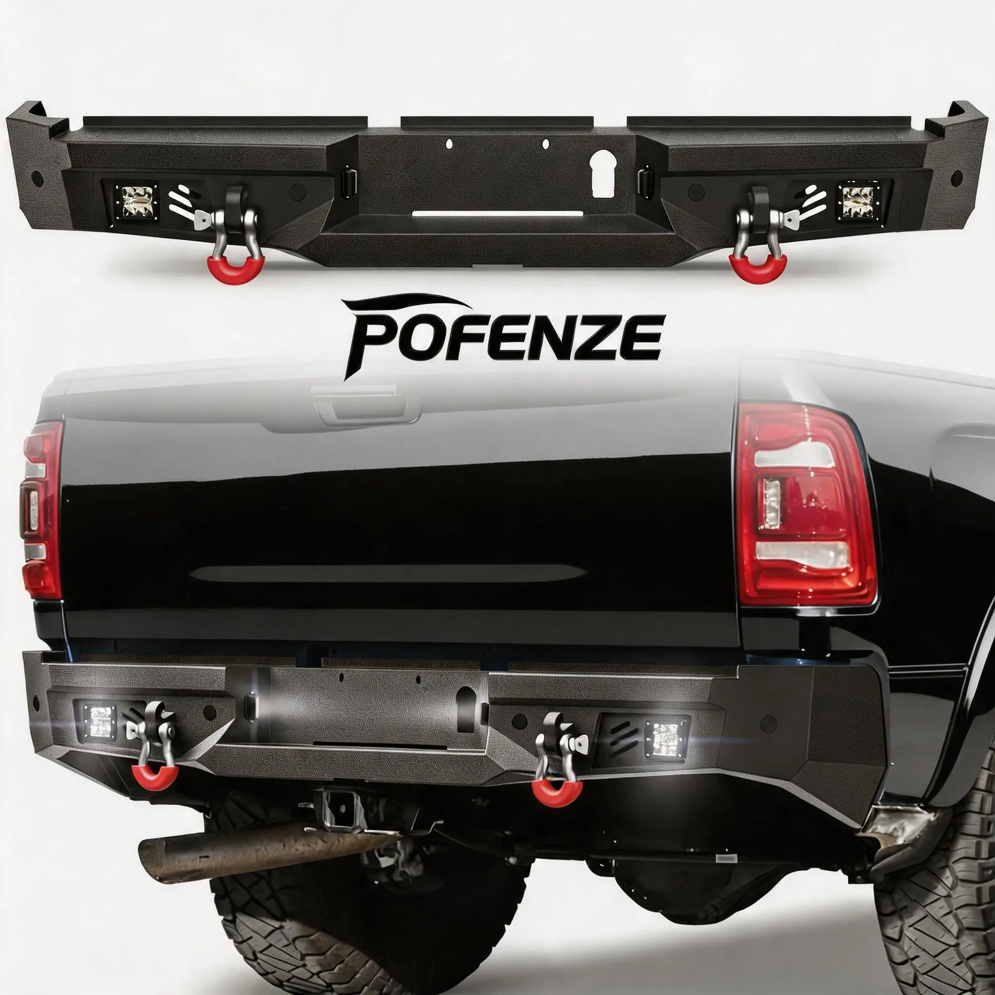 POFENZE-NADIA Custom Aftermarket Rear Bumper for 2019-2025 Dodge Ram 2500/3500 Ram Truck - w/Step Plate, Lights, D-Rings, Easy Access, Custom Registration Plate Holder, Versatility Boost, Visibility Improvement, Vehicle Enhancement