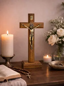 St Benedict Crucifix Stand | Catholic Crucifix with St Benedict Medal | Standing or Wall Crucifix | Catholic Home Altar Decor