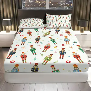3Pcs Nutcracker Christmas Festive Fitted Sheet Three Piece Set (1*Fitted Sheet+2*Pillowcases, Coreless), Holiday theme, Decorative Bedding Set, Mattress protector Soft, Breathable