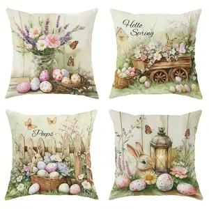 4pcs, Easter Throw Pillow Covers, Rabbit Easter Egg Pattern, Floral Lavender Color, Cute Rustic Style, Suitable for Spring Living Room, Bedroom, Sofa, Bed Decor, Bedroom Decorative Accessories, Versatile Use, Single Sided Printing, No Pillow Core
