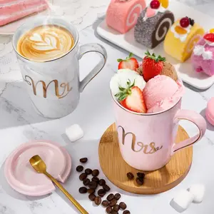 Marble Pattern Couple Mugs, Gold Trim Ceramic Cups, Drinkware, 12-14oz Capacity, Includes Spoon and Lid, Elegant Coffee Mugs, Tea, Gift Box Included