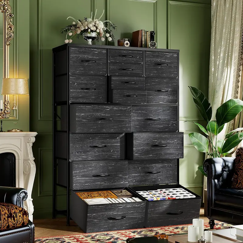 Raybee 12/16-Drawer Tall Fabric Dresser - Sturdy Metal Frame, Wooden Top, 3 Drawer Sizes, Room Storage, Sorted Ease, Easy to Assemble & Clean, Bedroom Decor, Space-Saving Upgrade for Small Spaces (Apartment)