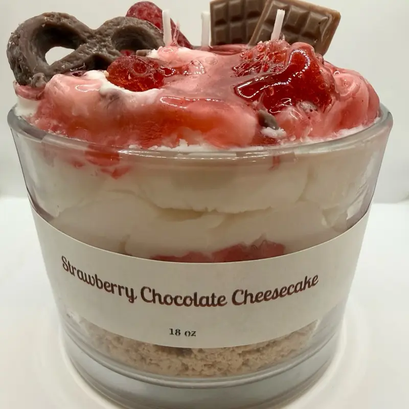 Strawberry Chocolate Cheesecake 18 oz Dessert Candle with Rich Fruit Topping and Creamy Chocolate Accents