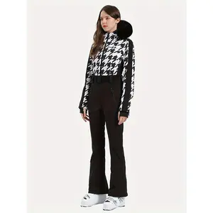 Women's Houndstooth Ski Jumpsuit Waterproof Windproof 30G down Warm Long Sleeves Hooded Ski Suit Suitable for Winter Sports