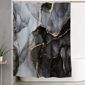 1/4pcs Luxury Black White Marble Gold Veins Bathroom Set - Shower Curtain Sets with Matching Bath Mat, Toilet Seat Cover & Small Rug, U - Shaped Bidet Cover, 12 Hooks - Perfect for Modern Elegant Bathroom, Ideal for Mother's Day, Christmas, Valentine's