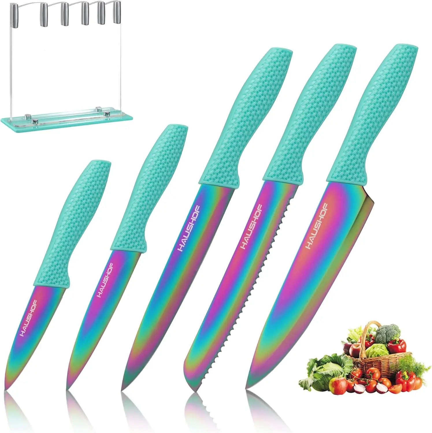 HAUSHOF Kitchen Knife Set, 5 Pieces Rainbow Knife Sets with Arcylic Block, Sharp Green Knives Set for Kitchen, Stainless Steel Knives Set with Ergonomic Handle, Great for Slicing, Dicing&Cutting
