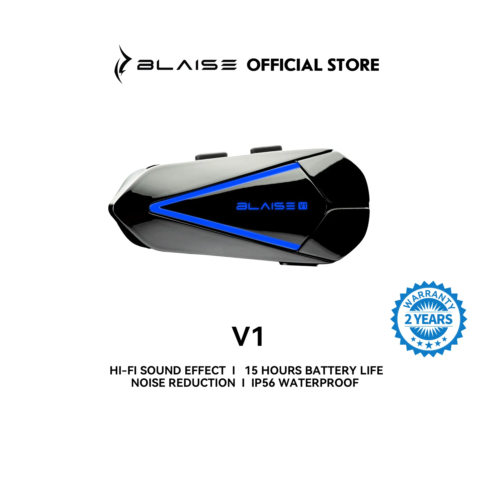 BLAISE V1 Motorcycle Helmet Bluetooth Headset，5.4 dual-chip design that supports simultaneous music and navigation playback, ENC Noise Reduction, 40mm diameter driver, 1000mAh Long Battery Life, IP66 Waterproof , Easy to Connect,Voice Assistant