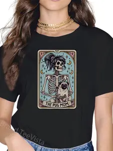 100% Cotton Unisex Funny Skeleton Halloween Pug Mom Tarot Card Witchy Vibes T-Shirt