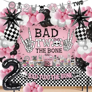 Bad Two The Bone Birthday Decorations, Rock And Roll Music Themed 2nd Birthday Party Decorations Balloons Tablecloth Backdrop Banners Cake Cupcake Toppers for 2 Year Old Party