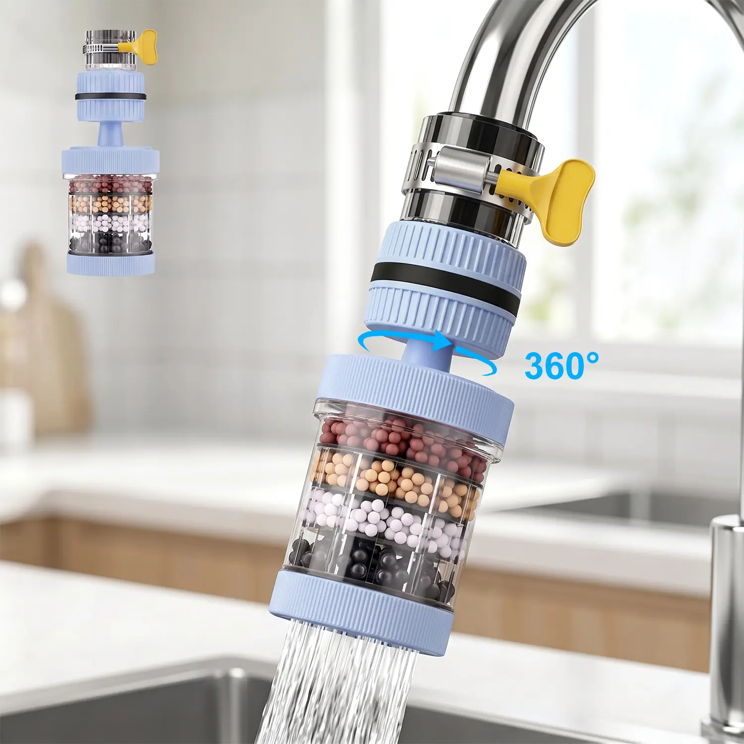 1 Count 6 Layer Filtration Faucet Water Filter 360 Degrees Rotatable Splash Free Kitchen Faucet Home Water Filter, Cold-Hot Safe Filtration System for Kitchen Sink Washing Fruits Vegetables and Dishes