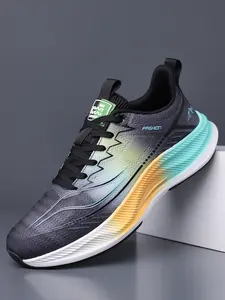 Unisex Black-Cyan-Yellow Gradient Mesh Running Shoes, Platform Non-slip Wear-resistant Professional Racing Sneakers
