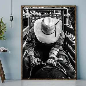 [Sale off up to 65%][Free Ship][No Frame] 1 Piece Frameless Vintage Art Deco Style Black and White Cowboy Art Print, Vintage Prints, Vintage Wall Art Western Cowboy in Cage, Suitable for Home Decor, Vintage Room Decor