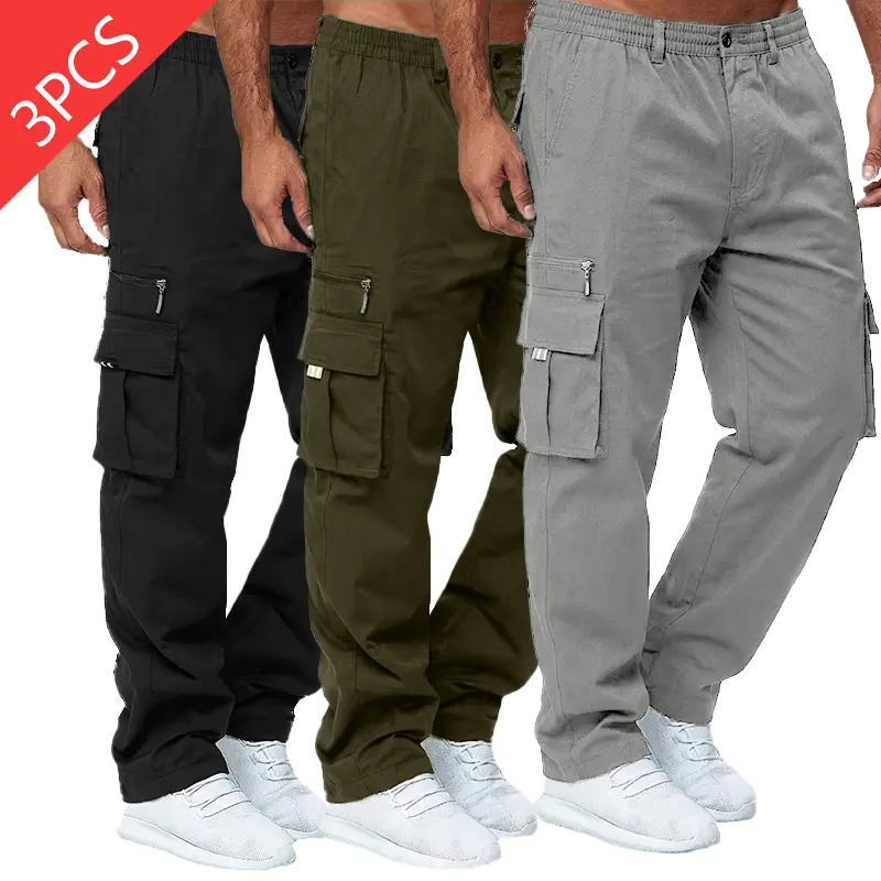 Men’s plain cargo pants – multi-pocket, straight leg, cuffed hem, fitted cut; all-season menswear basics, activewear, casual outdoor workwear, clothing for back to school, first-day-of-school outfits