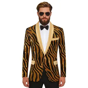 Men's Gold Black Tiger Stripe Sequin Blazer, Sparkly Shawl Lapel Party Suit Jacket for Prom, Club, Stage Performance, Halloween