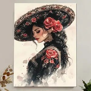 Elegant Mexican Woman in Sombrero - Wooden Framed Canvas Art Print, Vibrant Floral Design, Perfect for Living Room, Bedroom, or Bathroom Decor, Versatile Room Decor | Vibrant Floral Art | Quality Canvas Material, Mexican Home Decor Ornaments Decoration