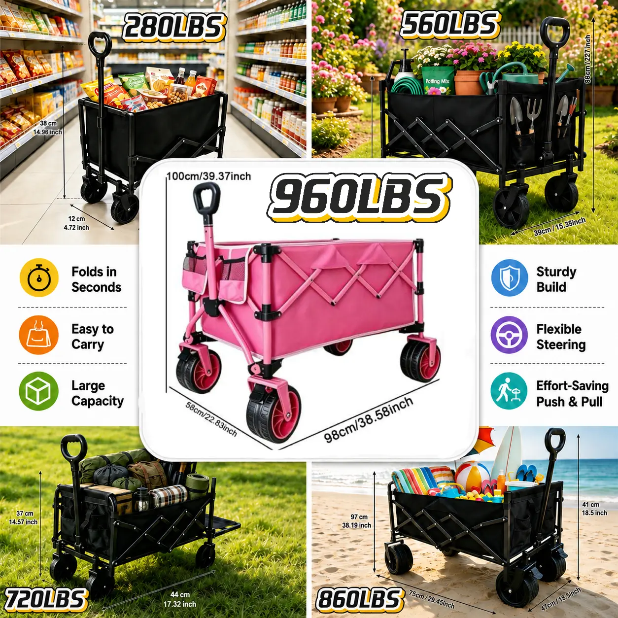 Heavy duty all terrain folding cart - carbon steel frame and 800D Oxford cloth, foldable multifunctional truck suitable for camping, gardening, beach, shopping - no assembly required, black, garden tool holder, sturdy handle and durable wheel design