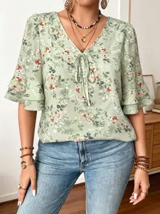 Women's Plus Size V-Neck Ruffled Tie Front Boho Floral Shirt Blouse, Loose-Fit Elegant Top, Hidden Belly Concealment, Casual Office Wear, Curvy Women