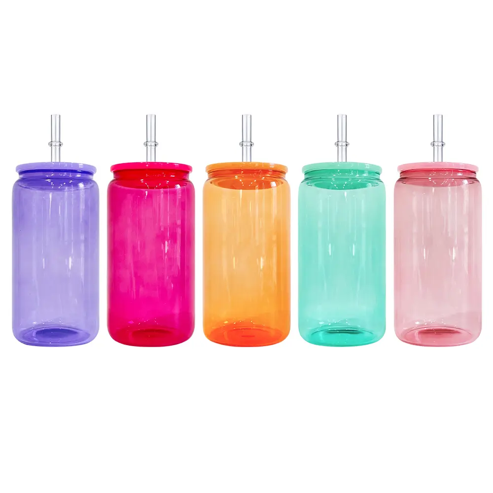 25pcs/50pcs USA warehouse blank sublimation colored jelly 16oz beer glass can with colorful plastic lids, for sublimation and UV DTF wraps Drinkware Straw